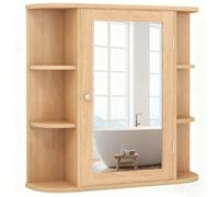 LIFEZEAL Armadietto a Specchio, Pensile a 1 Anta, per Bagno, 4 Ripiani e 6 Scomparti Aperti, Ripiani Interni Regolabili, Mobiletto da Parete, Salvaspazio, in Legno, 66x16,5x63 cm (naturale)