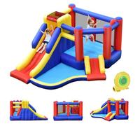 LIFEZEAL Castello Gonfiabile per 4 Bambini 3-10 Anni, Giochi, con Soffiatore, 2 Scivoli, Piscina, Trampolino, Parete da Arrampicata, Canestro e Palla, per Interno, Esterno, Max 120 kg, Regalo