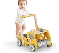 LIFEZEAL Girello, in Legno, Girello per Bambini, con 4 Ruote, Giallo | Primi Passi per Bambini con Giocattoli Montessori, Baby Walker a Forma di Camion, Carrellino con Banco da Lavoro per Bimbi