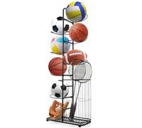 LIFEZEAL Porta palle a 7 Livelli, Scaffale Portapalle in Metallo, Porta Pallacanestro con Cestino, Supporto Attrezzature Sportive con Piedini Regolabili da Garage, Casa, Palestra, Nero