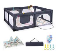 LIFEZEAL Recinto Bambini con Tappeto Gioco, 189x158cm, Box Neonato con Materassino, Box Bimbo 0~36 Mesi con Borsa, Anelli e Palline Colorate, Recinto Neonati in Rete Traspirante (grigio scuro)