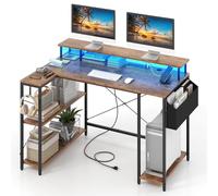 LIFEZEAL Scrivania Porta Computer con Luci, Scrivania Angolare a Forma di L, con Multipresa, Supporto Monitor, Telecomando, Gancio, Tasche Portaoggetti, Salvaspazio, Lavoro, Ufficio, Gaming, Marrone