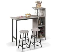 LIFEZEAL Set Tavolo e 2 Sgabelli da Bar,Bancone e 2 Sedie da Pranzo,Porta Bottiglie da Vino,Porta Calici,4 Ripiani,Salvaspazio,Cucina,Soggiorno,Ristorante,Legno e Metallo (grigio),120 x 40 x 121,5 cm