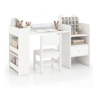 LIFEZEAL Set tavolo e sedia per bambini, rotolo di carta rimovibile, bianco | Tavolo e Panche da Giardino con Ombrellone Rimovibile e Regolabile, Panche con schienale, per cortile, portico, patio
