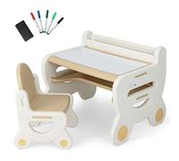 LIFEZEAL Tavolino Bambini, Tavolino e Sedie per Bambini, con Lavagna Cancellabile, Ripiano, Libreria, Sedia con Schienale Ergonomico, Tavolo Bambini, in Plastica, Set per Bimbi 3-8 Anni (marrone)