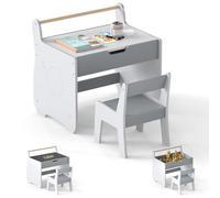 LIFEZEAL Tavolino e Sedia per Bambini 3+Anni, Tavolo con Lavagna Bifacciale, Contenitore Nascosto, Rotolo di Carta, Sedia con Schienale, Tavolino Montessori Multiattivita per Cameretta (bianco+grigio)