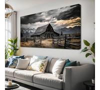 LIFKNVN Grande murale artistico con paesaggio rustico e poster di scene di montagna e fienile per soggiorno, decorazione da parete panoramica (60x120 cm/senza cornice)