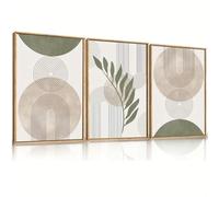 LIFKNVN Set di 3 quadri da parete con cornice botanica e motivo boho, dipinti su tela con linee geometriche verde salvia, foglie beige e verdi, per camera da letto, 40x60 cm, con cornice.