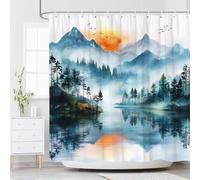 LIFKNVN Tenda da doccia con lago nebbioso ad acquerello, foreste, montagne innevate e uccelli all'alba - Tessuto in poliestere blu-verde per bagni umidi 185x185 cm/73x73 pollici (LxA)