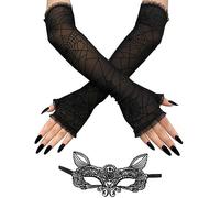 Lifreer 1 paio di guanti lunghi in pizzo, guanti senza dita in pizzo, guanti in pizzo nero con 1 maschera da gatto in pizzo nero, accessori per Halloween per donne e feste, Nero C, Taglia unica