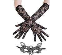 Lifreer 1 paio di guanti lunghi in pizzo, guanti senza dita in pizzo, guanti in pizzo nero con 1 maschera da gatto in pizzo nero, accessori per Halloween per donne e feste, Nero B, Taglia unica