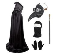 Lifreer - Costume da Dottore della Peste, Maschera Steampunk con Becco Lungo, Guanti Neri, Mantello con Cappuccio, Maschera Integrale, Bastone, Per Halloween