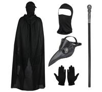 Lifreer Costume da medico della pista - Maschera Steampunk a becco lungo con guanti neri, mantello con cappuccio, maschera integrale e canna per Halloween e Cosplay