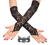 Lifreer Guanti Lunghi in Pizzo Nero Senza Dita Con Maschera da Gatto - Accessori per Halloween e Feste - Taglia Unica