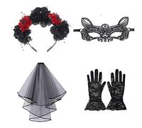 Lifreer Il set di costumi di Halloween include la fascia di Halloween, il velo nero, la collana di rose, la maschera di pizzo, i guanti di pizzo corti per l'accessorio del costume di Halloween