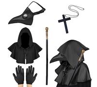 Lifreer Maschera da dottore della peste,maschera retrò per Halloween,stile steampunk,in pelle PU,con becco lungo,maschera per Halloween con mantello,bastone,per cosplay,5 In 1 Nero,Taglia unica