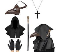 Lifreer Maschera da dottore della peste,maschera retrò per Halloween,stile steampunk,in pelle PU,con becco lungo,maschera per Halloween con mantello,bastone,per cosplay,5 In 1 Marrone,Taglia unica