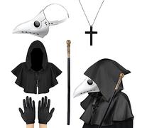 Lifreer Maschera da dottore della peste,maschera retrò per Halloween,stile steampunk,in pelle PU,con becco lungo,maschera per Halloween con mantello,bastone,per cosplay,5 In 1 Bianco,Taglia unica