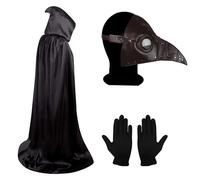 Lifreer Maschera per Halloween, peste, medico, Halloween, costume di scena, costume da peste, costume da medico, maschera steampunk, halloween, naso lungo, maschera con guanti, cappotto con cappuccio