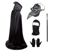 Lifreer Set costume da dottore della peste, maschera da medico della peste, becco lungo dal naso e guanti neri, mantello con cappuccio, maschera integrale, bastone, per Halloween e cosplay
