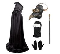Lifreer Set costume da dottore della peste, maschera da medico della peste, becco lungo dal naso Steampunk e guanti neri, mantello con cappuccio, maschera integrale, bastone, per cosplay di Halloween