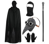 Lifreer Set di costumi da dottore della peste, maschera da dottore con naso lungo, becco, maschera steampunk con guanti neri, mantello con cappuccio, maschera integrale per adulti, Nero