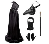 Lifreer Set di costumi per Halloween e cosplay, Maschera da medico della peste, naso lungo, becco da uccello, maschera steampunk con guanti neri, mantello con cappuccio, maschera integrale, bastone