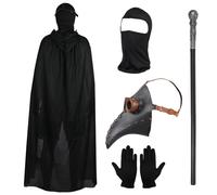 Lifreer Set di costumi per Halloween e cosplay, maschera per il naso lungo con guanti neri, mantello con cappuccio, maschera integrale per feste in maschera, Nero