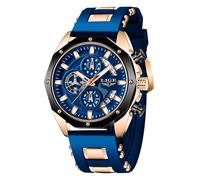LIGE Orologio Uomo da Polso Elegante Vintage Analogico Classico Quarzo Watch Cronografo 3ATM Wrist Watches for Men all'Acqua Cinturino in Silicone Blu Lancette Luminose Data Orologi,Oro Rosa e Blu