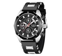 LIGE Orologio Uomo da Polso Elegante Vintage Analogico Classico Quarzo Watch Cronografo 3ATM Wrist Watches for Men all'Acqua Cinturino in Silicone Blu Lancette Luminose Data Orologi,Argento e Nero