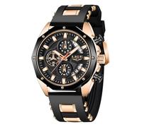 LIGE Orologio Uomo da Polso Elegante Vintage Analogico Classico Quarzo Watch Cronografo 3ATM Wrist Watches for Men all'Acqua Cinturino in Silicone Blu Lancette Luminose Data Orologi,Oro Rosa e Nero