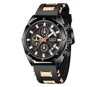 LIGE Orologio Uomo da Polso Elegante Vintage Analogico Classico Quarzo Watch Cronografo 3ATM Wrist Watches for Men all'Acqua Cinturino in Silicone Blu Lancette Luminose Data Orologi,Nero