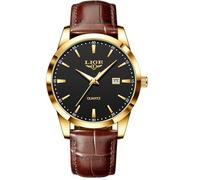 LIGE Orologio Vintage Uomo Elegante Analogico Quarzo Classico Wrist Watches For Men Impermeabile In Vera Pelle Pointer Luminoso Business Orologio Da Polso Uomo Con Data,Oro nero