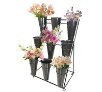 LigedamaiEU Espositore for Fiori in Metallo con Ruote, ripiano for Bouquet in Ferro battuto Resistente a 2 Livelli for Decorazioni da Giardino e Cortile(3 Tier 9 Black Bucket)