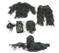 Ligeinsrk Ghillie Suit for Kids, 5 pezzi/set costumi di caccia mimetizzazione 3D con giacca, pantaloni, cappuccio e borsa da trasporto per Halloween (130-150 cm)
