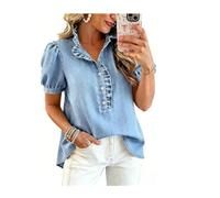 ,Light Blue,S,Camicia con Bottoni sul Davanti in Jeans con Volant per Donne, Top in Denim con Volant, Maniche a Sbuffo, Camicia Peplo in Jeans, Bluse con Volant per L'Estate