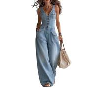 ,Light Blue,XL,Tuta Elegante da Donna Senza Maniche in Denim per Donna, Scollo a V, Pantaloni a Gamba Larga, Tuta in Jeans per L'Estate con Tasche