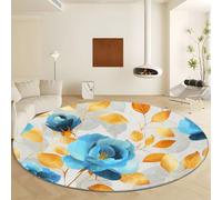 Light Grey Round Area Rug, Soft Low Pile Machine Washable Carpet - Non Slip Faux Wool Rose Flower Golden Leaves Rugs for Living Room Bedroom Dining Room Office Home Decor Diameter 140 cm