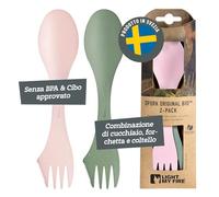 Light My Fire Spork Original - Set da 2 Posate Campeggio Combo Forchetta Coltello Cucchiaio Portatile 3-in-1 Posate da Viaggio Riutilizzabili, Escursionismo e Picnic Senza BPA, Verde/Rosa