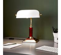 Lightbox Lampada Banker con testa girevole e interruttore a bilanciere | altezza 34 cm | lampada da tavolo classica con paralume Michglas | in vetro/metallo/legno di quercia in ottone/oro/bianco