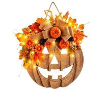 Lighted Burlap Pumpkin Wreath, Artificial Autumn Wreath with LED Light | Pumpkin Halloween Decoration Wreath for Front Door,Halloween Autumn Wreath for Indoor Outdoor Wall Porch Home Door