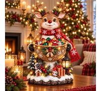 Lighted Christmas Candy Bowl, 4 Festive Holiday Character Design (Reindeer) | Warm Lighted Candy Dish in 4 Festive Designs for Wrapped Sweets, Mantels, Entryways, Kitchens and Holiday Tables