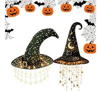 Lighted Witch Hat Hanging Chime, Lighted Witch Hat Hanging Star Chime Halloween LED Decor, Waterproof, Gothic Wind Chimes Delivers Warm Glow for Porches, Windows, Halloween Parties & Entryway，2pc-a