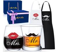 LIGHTEN LIFE Set di bicchieri da whisky e vino, regalo di fidanzamento per coppie, Mr & Mrs Appron e vino, regalo di anniversario per sposi, addio al nubilato, set regalo Mr e Mrs