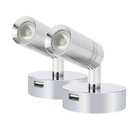 lighteu, 2 x 12 V 2 W E1 USB faretti da soffitto e da parete, finitura cromata, lampada da comodino, lampada da lettura girevole con interruttore touch, dimmerabile, luce bianca calda e blu per yacht