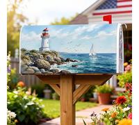 Lighthouse, Copertura magnetica per cassetta postale, con paesaggio costiero, barca a vela, estate, blu, decorazione per giardino, patio, 53 x 65 cm