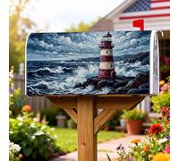 Lighthouse, copertura magnetica per cassetta postale, motivo nautico, onde rustiche, rocce, estate, blu, protezione per la decorazione del portico anteriore, 53 x 65 cm