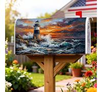 Lighthouse, Coperture magnetiche per cassette postali, motivo nautico rustico con onde al tramonto estivo, colore blu, decorazione per porta d'ingresso, 53 x 65 cm