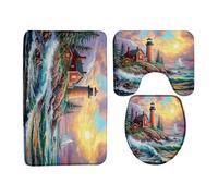 Lighthouse Ocean Beach Waves Vintage Cabin Rustic Trees Lighthouse Sunset Oils Paint Nature Set Di Tappeti Da Bagno 3 Pezzi, Tappetino Da Bagno Morbida Zerbino Per Doccia Servizi Igienici