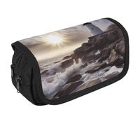 Lighthouse Rocks - Astuccio organizer per matite con 3 scomparti, grande capacità, per cancelleria da ufficio, con cerniera, in tessuto, per adulti, portatile, per trucchi (nero)
